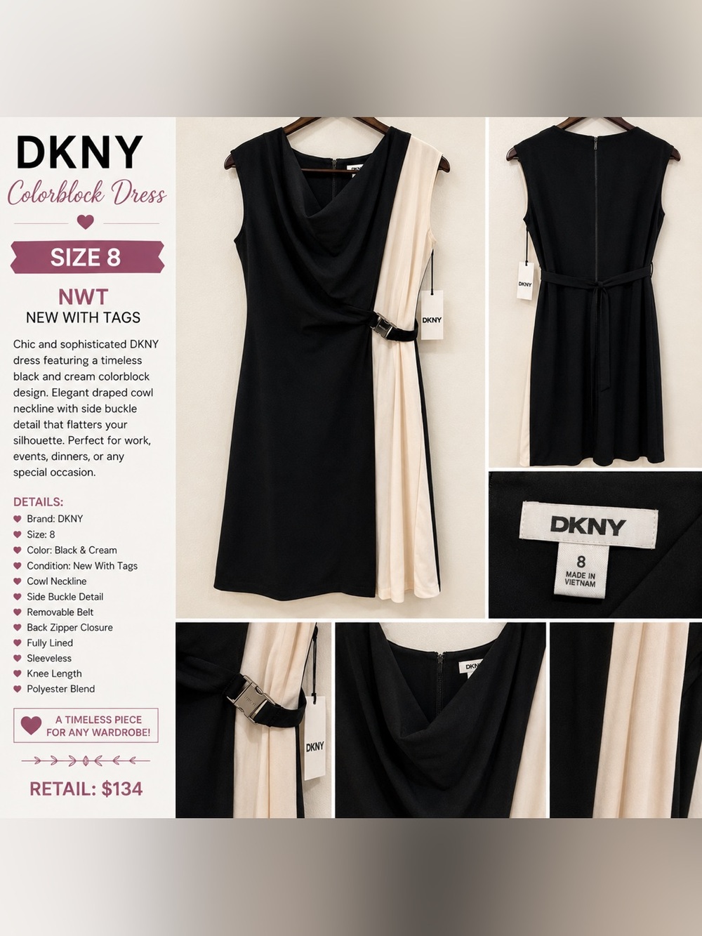 DKNY Black and Cream Colorblock Midi Dress